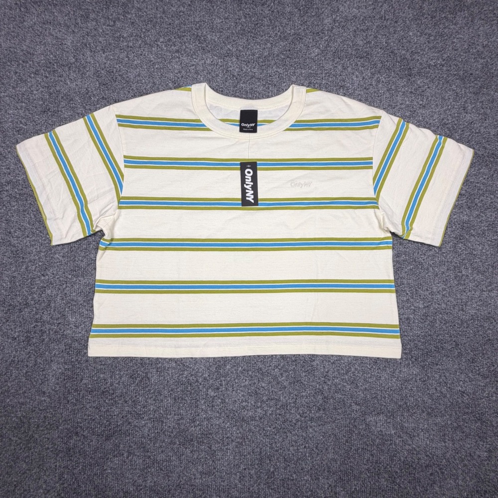 Only NY Womens Striped Cropped T-Shirt Cream Green‎ Blue Large NWT Made in Peru